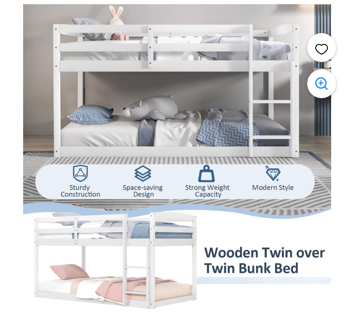 White Wooden Twin over Twin Bunk Bed - photo 2