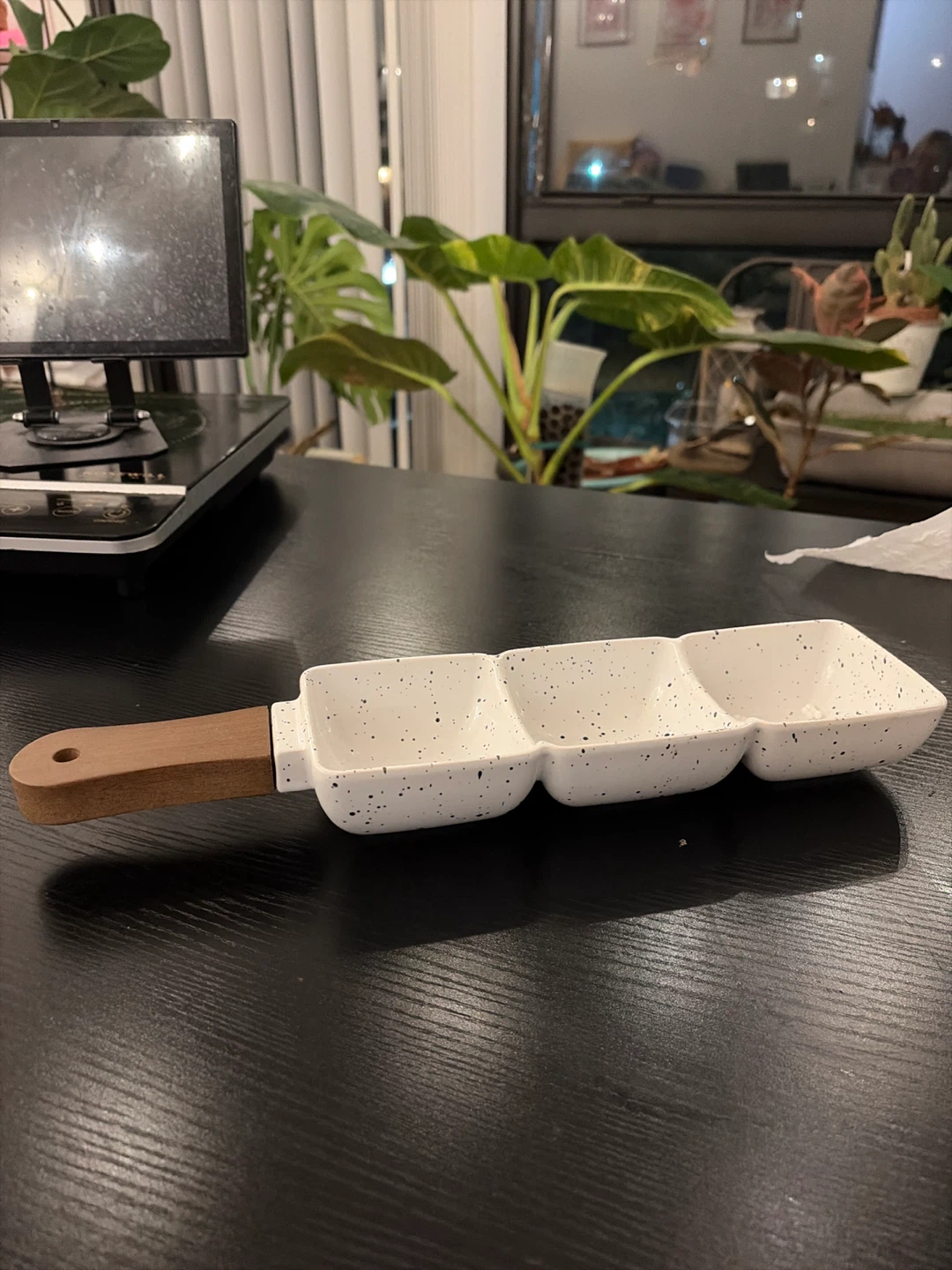 White Speckled 3-Compartment Serving Dish with Wooden Handle