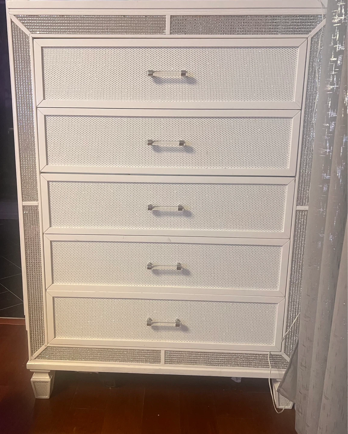 White 5-Drawer Chest with Mirrored Accents