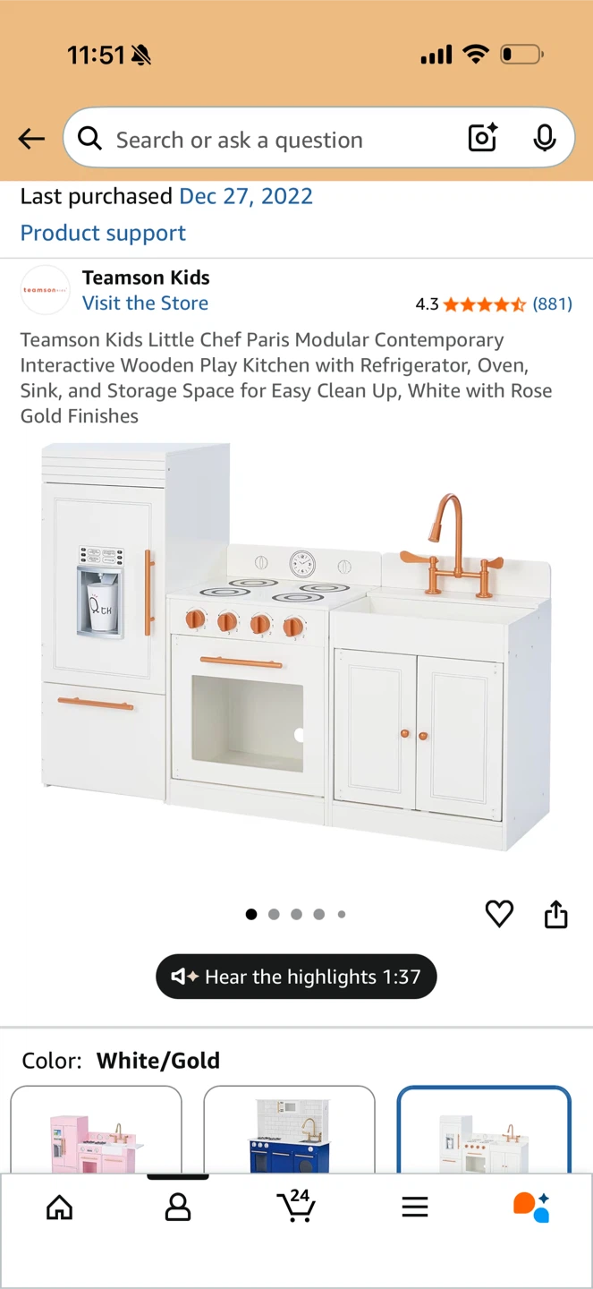 Teamson Kids Little Chef Paris Modular Play Kitchen - White/Gold