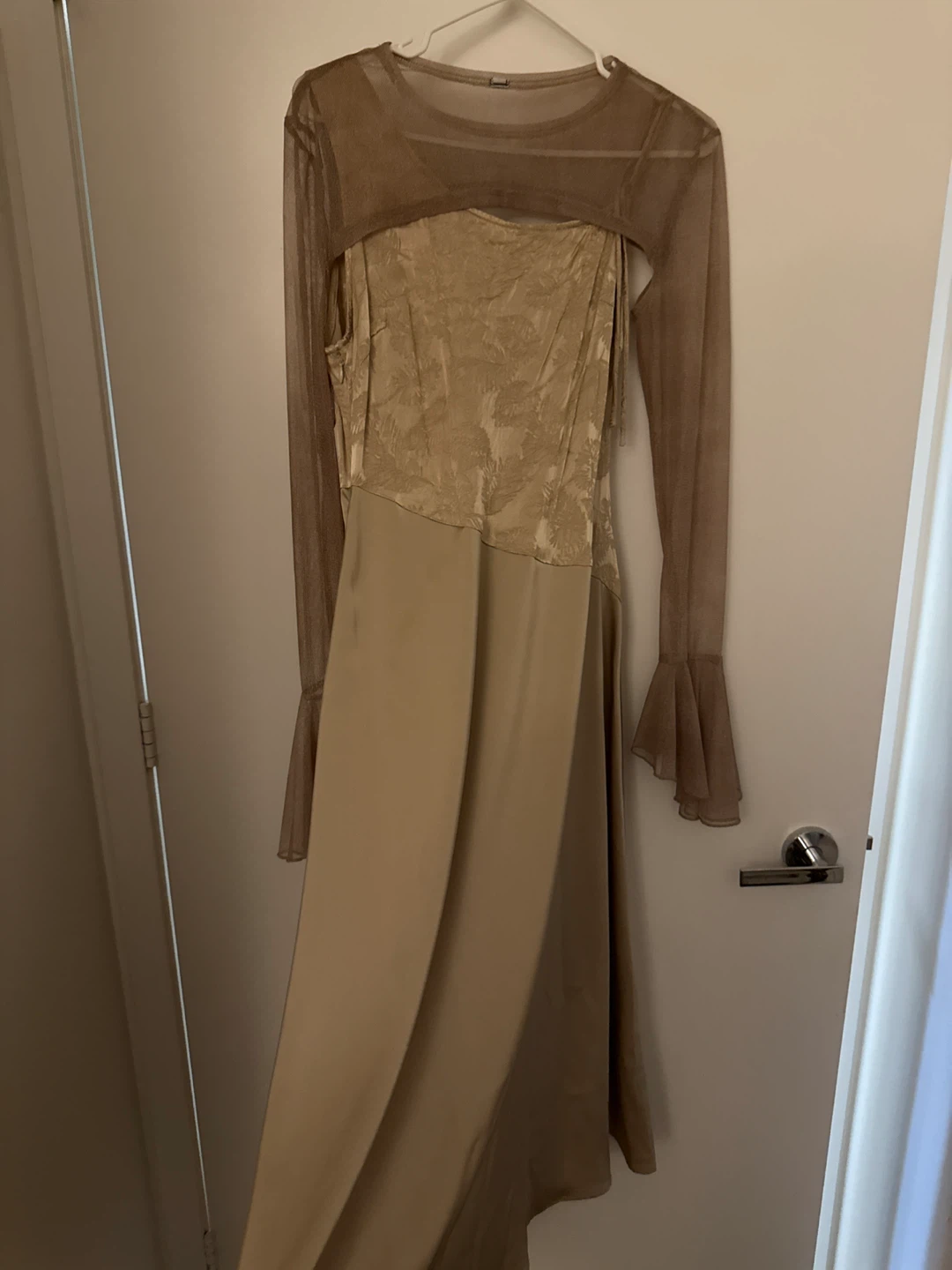 Gold floral jacquard slip dress with sheer overlay