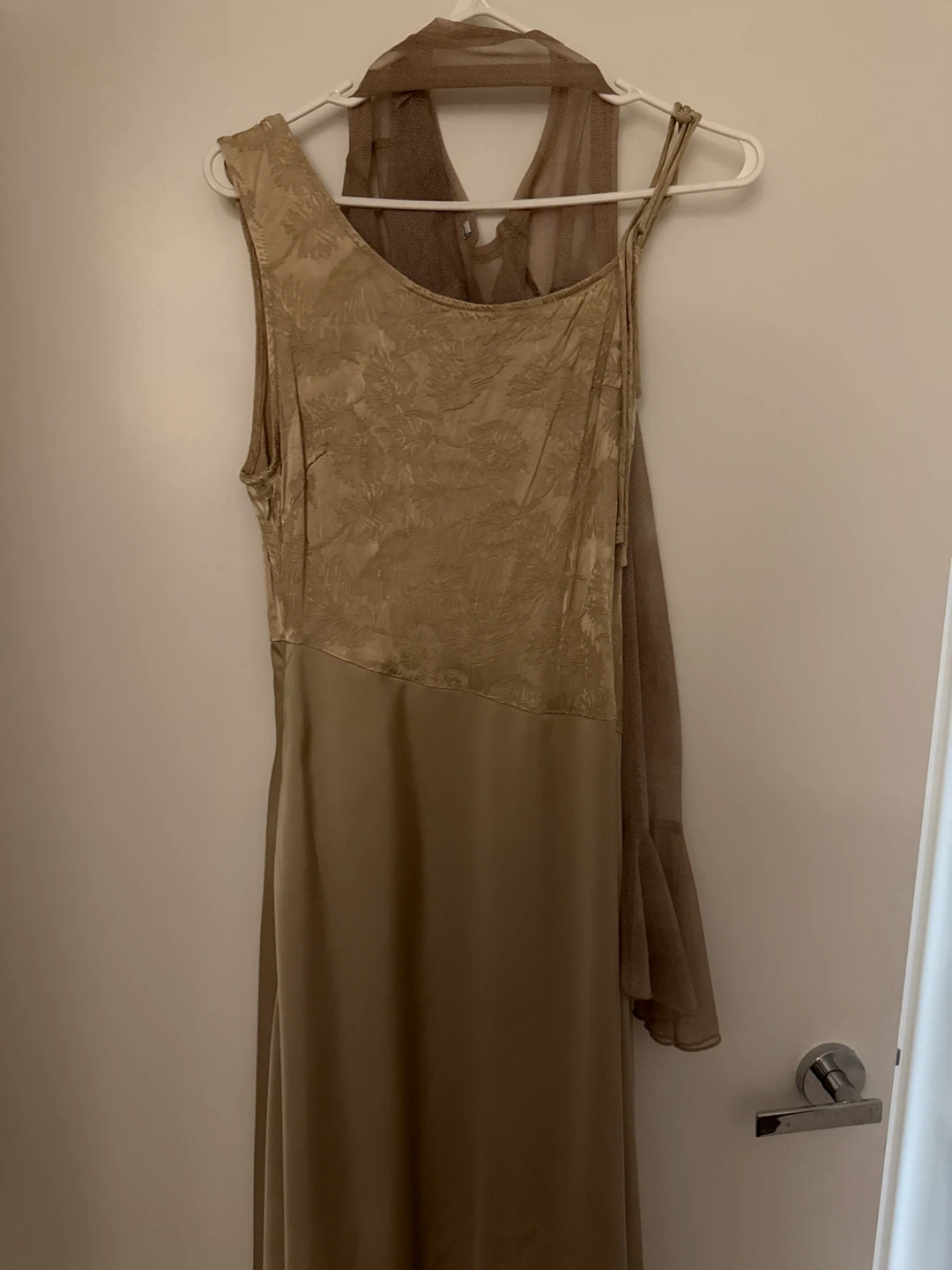 Gold floral jacquard slip dress with sheer overlay - photo 3