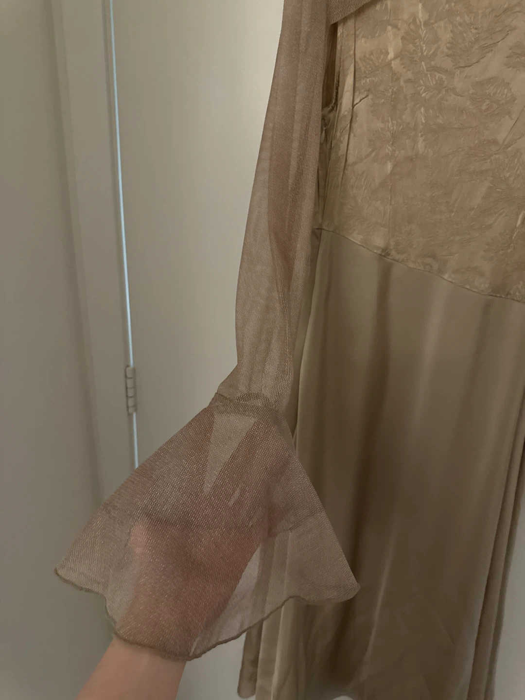 Gold floral jacquard slip dress with sheer overlay - photo 2