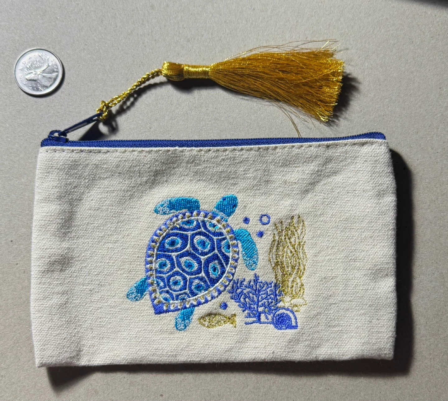 Canvas Pouch with Turtle Embroidery and Tassel