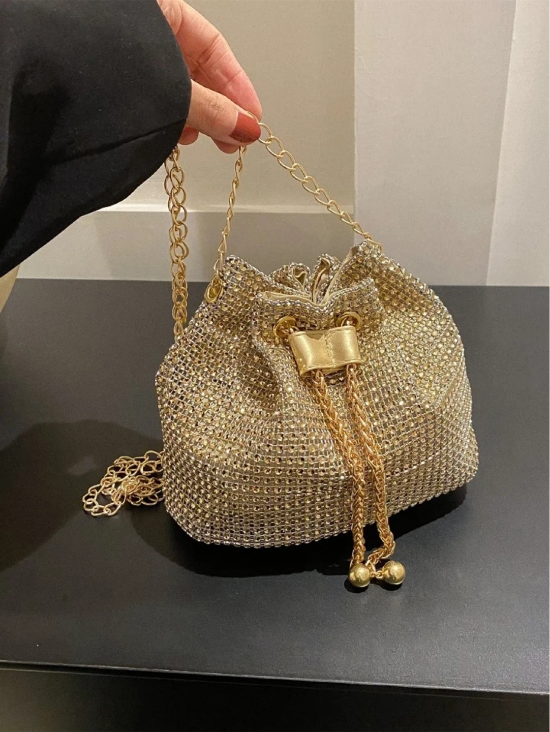 Sparkly Rhinestone Bucket Bag with Pearl & Chain Strap
