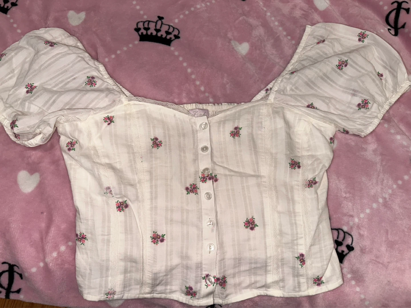 White Floral Puff Sleeve Button-Up Blouse