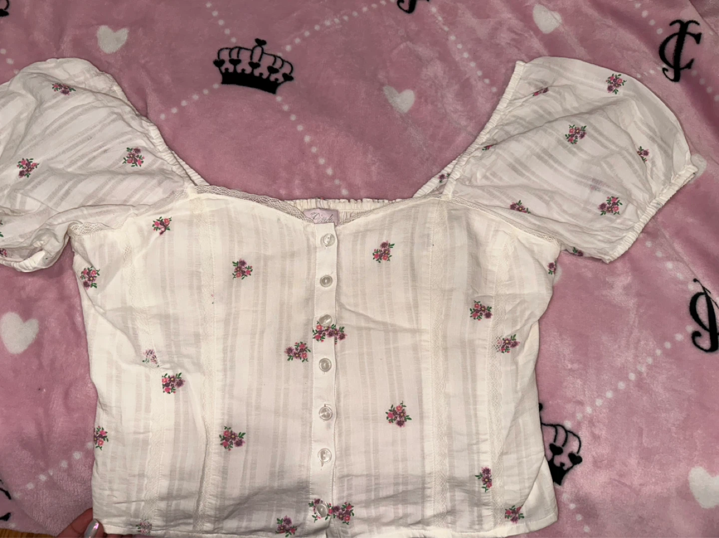 White Floral Puff Sleeve Button-Up Blouse - photo 2