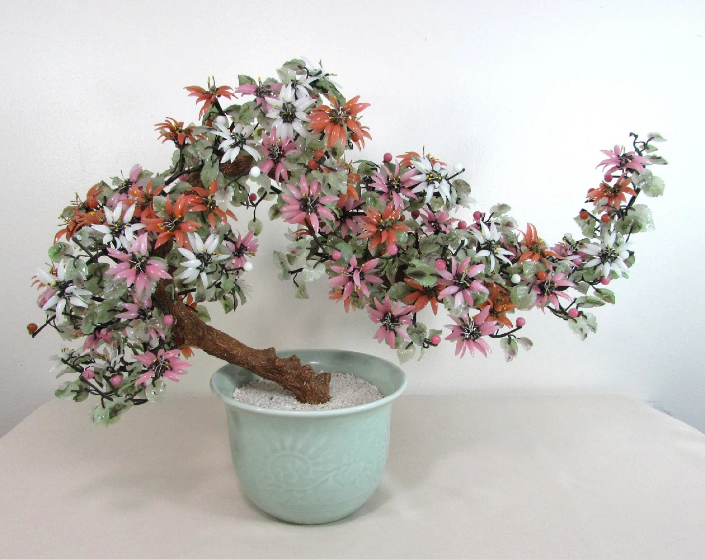 Jade and Glass Flower Bonsai Tree in Ceramic Pot