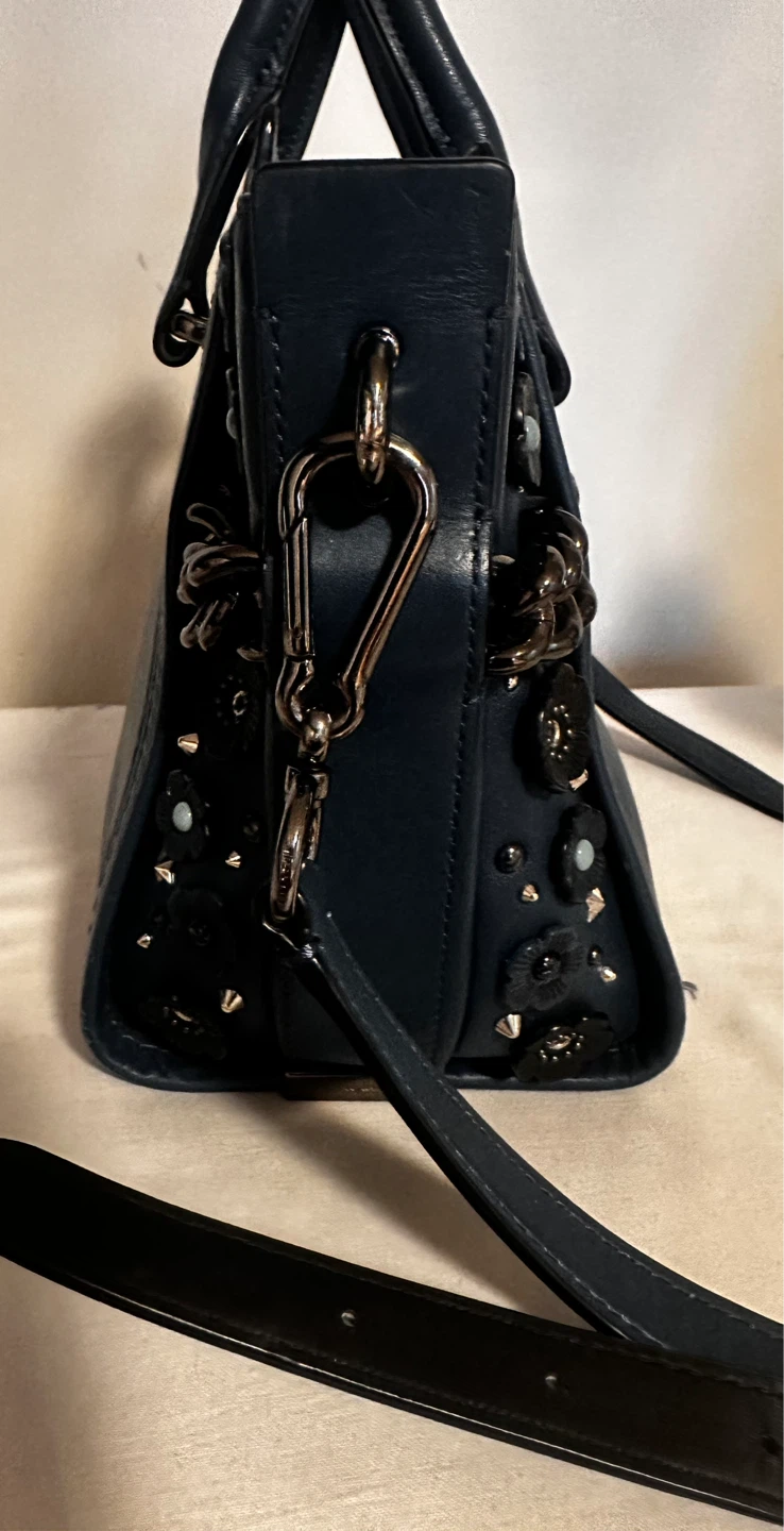 Coach Navy Leather Floral Embellished Satchel Handbag - photo 4