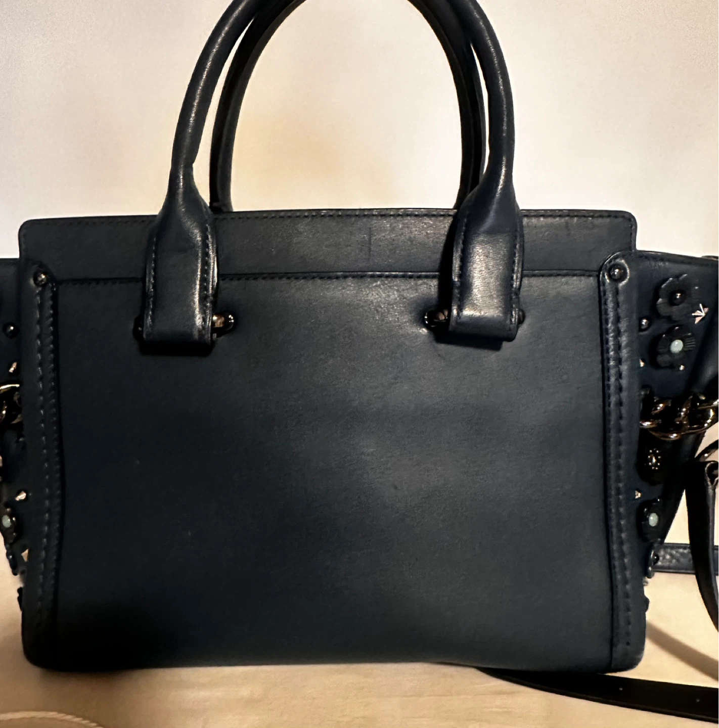 Coach Navy Leather Floral Embellished Satchel Handbag - photo 3