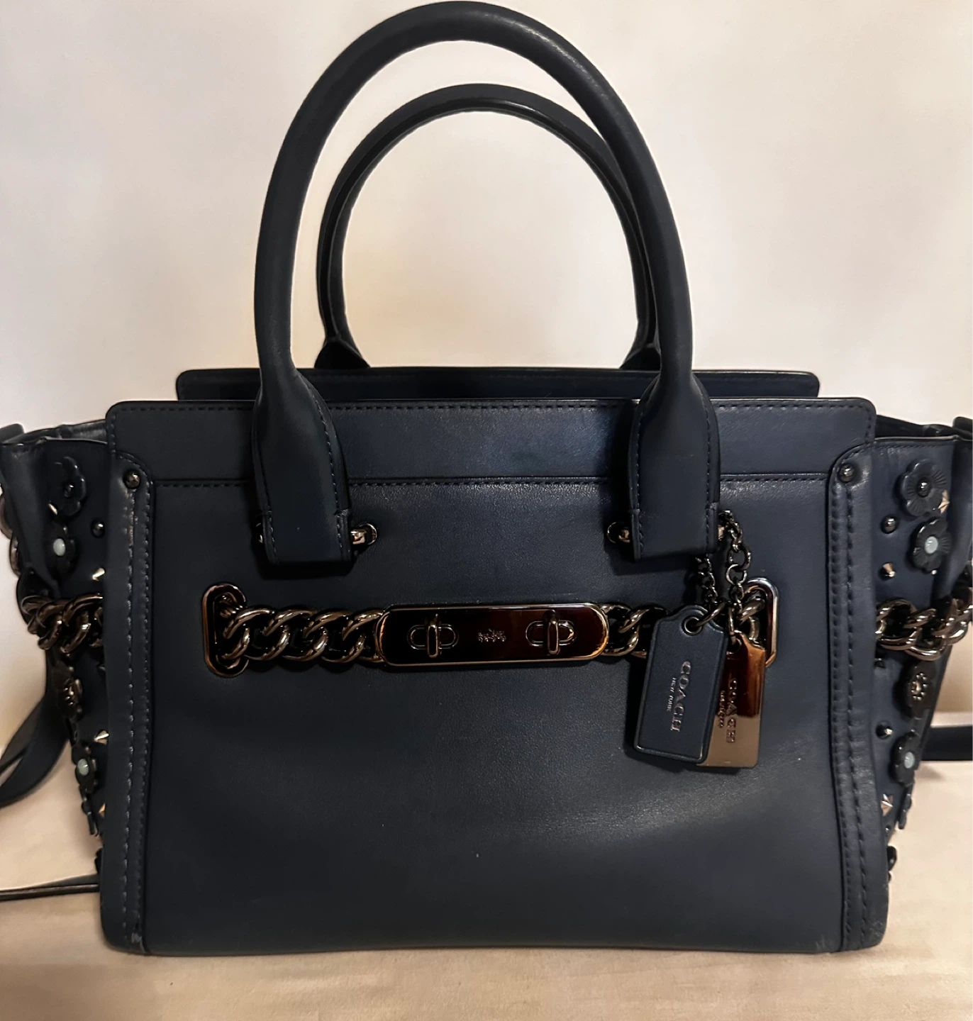 Coach Navy Leather Floral Embellished Satchel Handbag - photo 2
