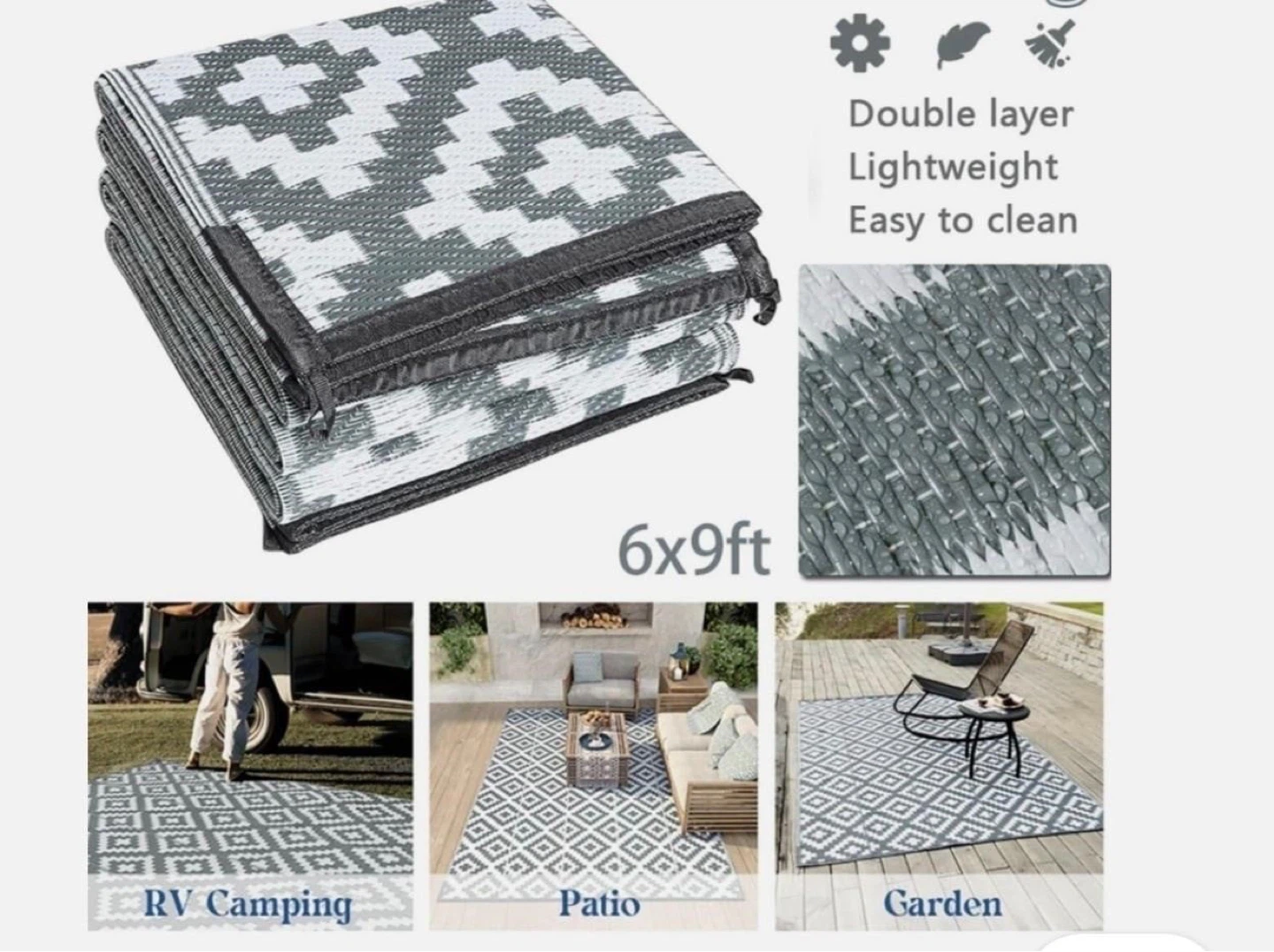 Waterproof Outdoor Rug 6x9ft Black & White Diamond Pattern - photo 5