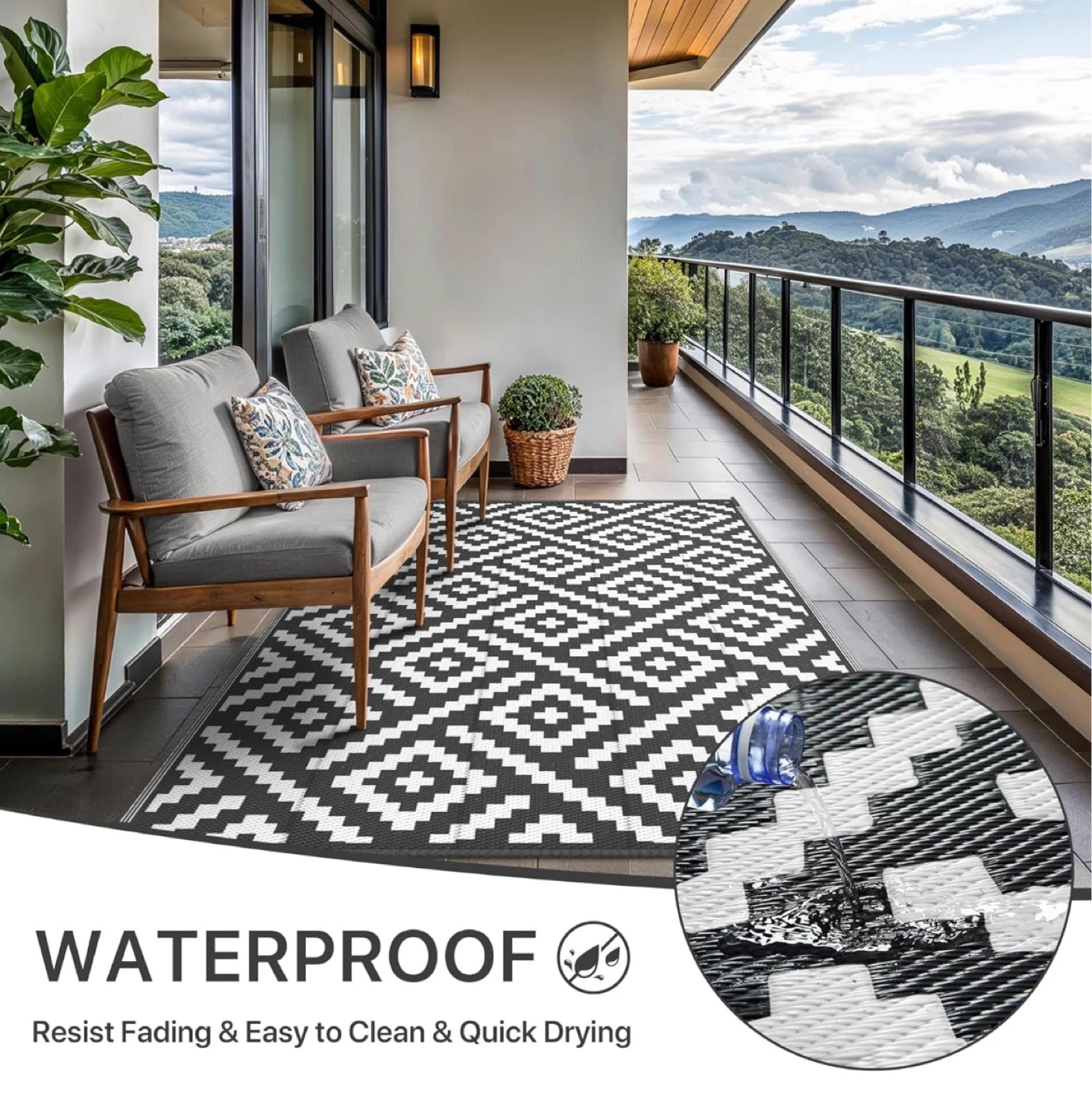 Waterproof Outdoor Rug 6x9ft Black & White Diamond Pattern - photo 3