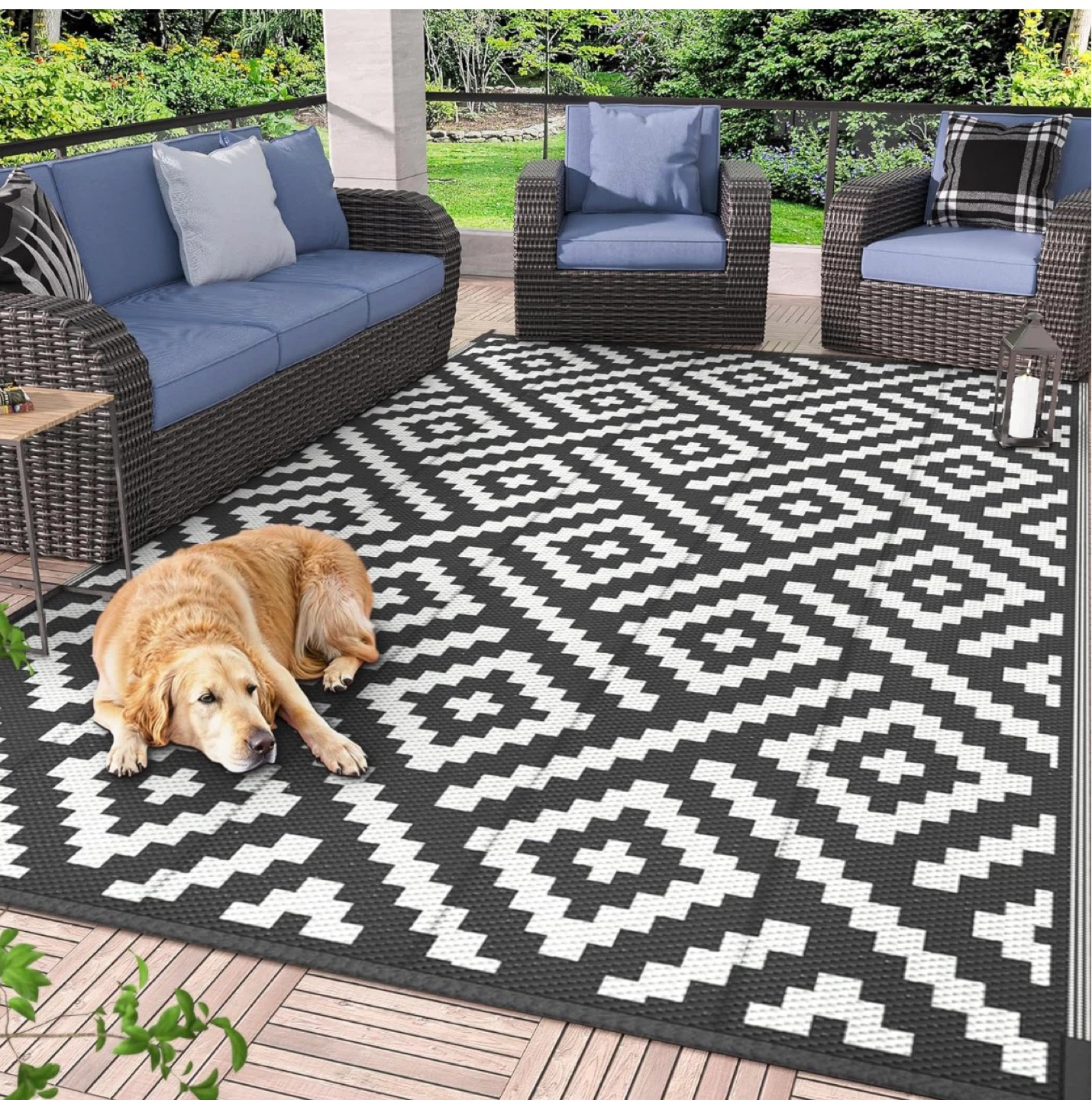 Waterproof Outdoor Rug 6x9ft Black & White Diamond Pattern