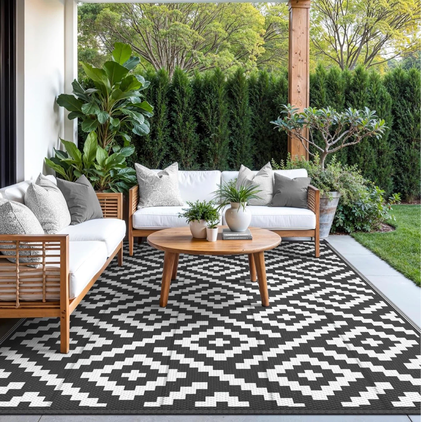 Waterproof Outdoor Rug 6x9ft Black & White Diamond Pattern - photo 4