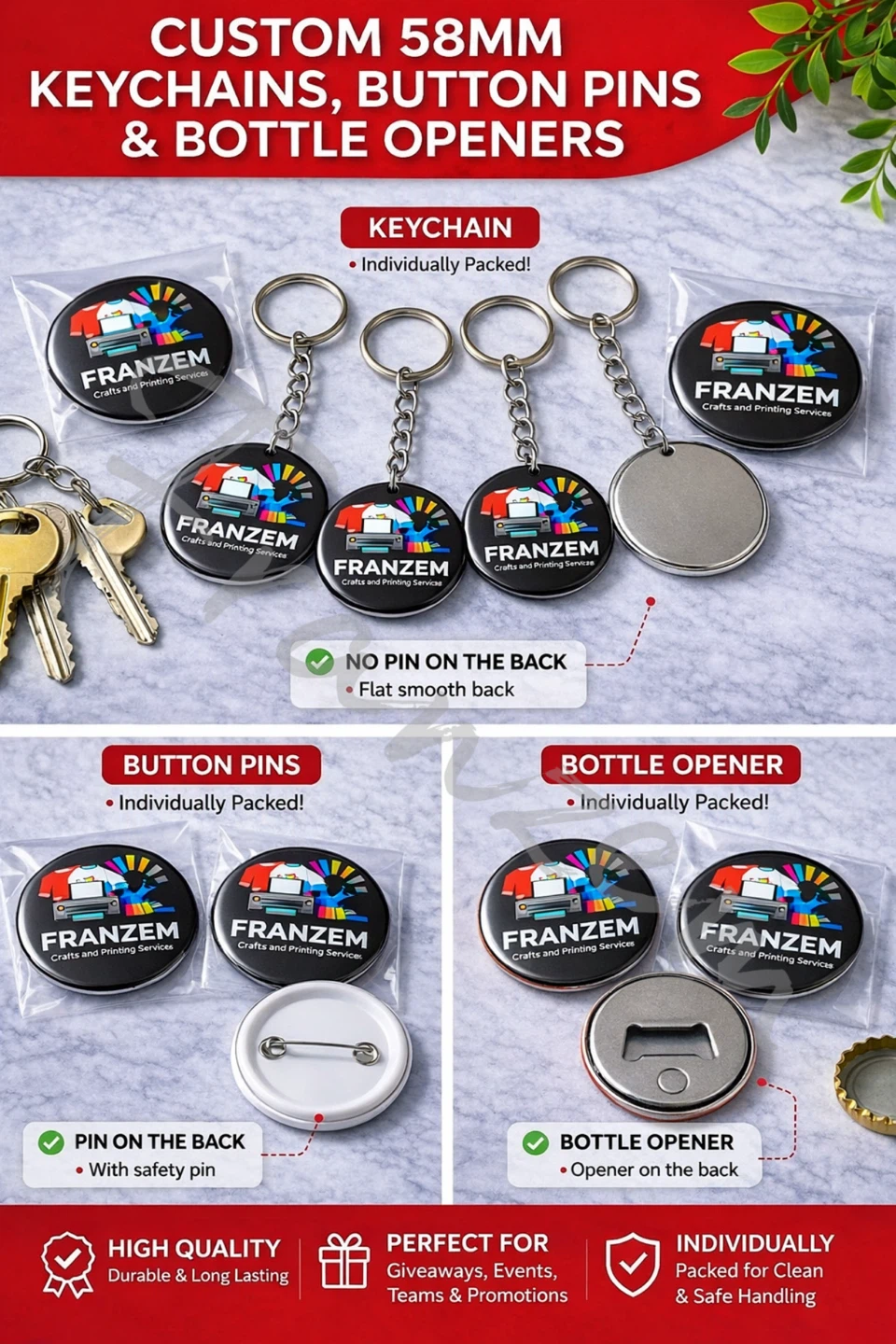 Custom 58mm Keychains, Button Pins & Bottle Openers