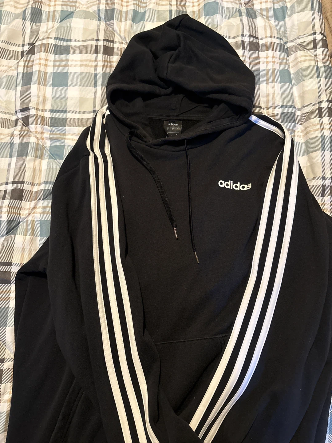 Adidas Black Hoodie with White Stripes - Size L