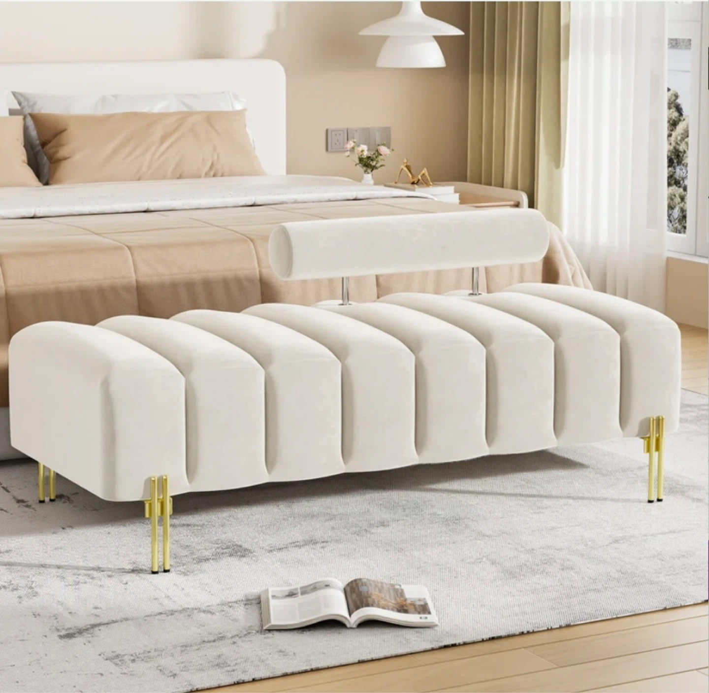 Brand New Beige Tufted Bench with Adjustable Backrest