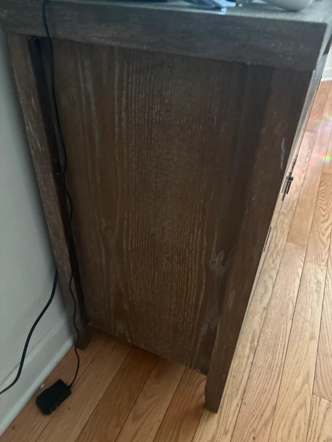 Wood tv stand with metal cabinet doors and shelves inside - photo 3