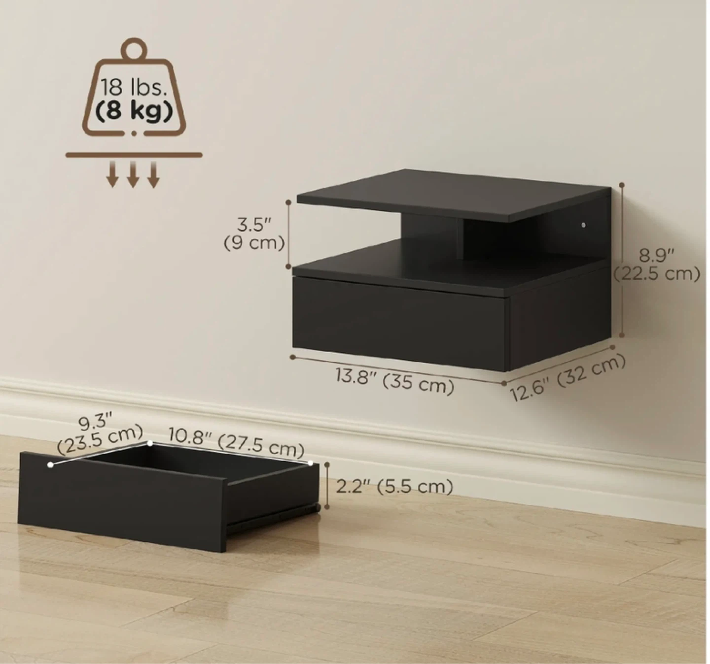 Brand New Floating Nightstand with Drawer - Black - photo 3
