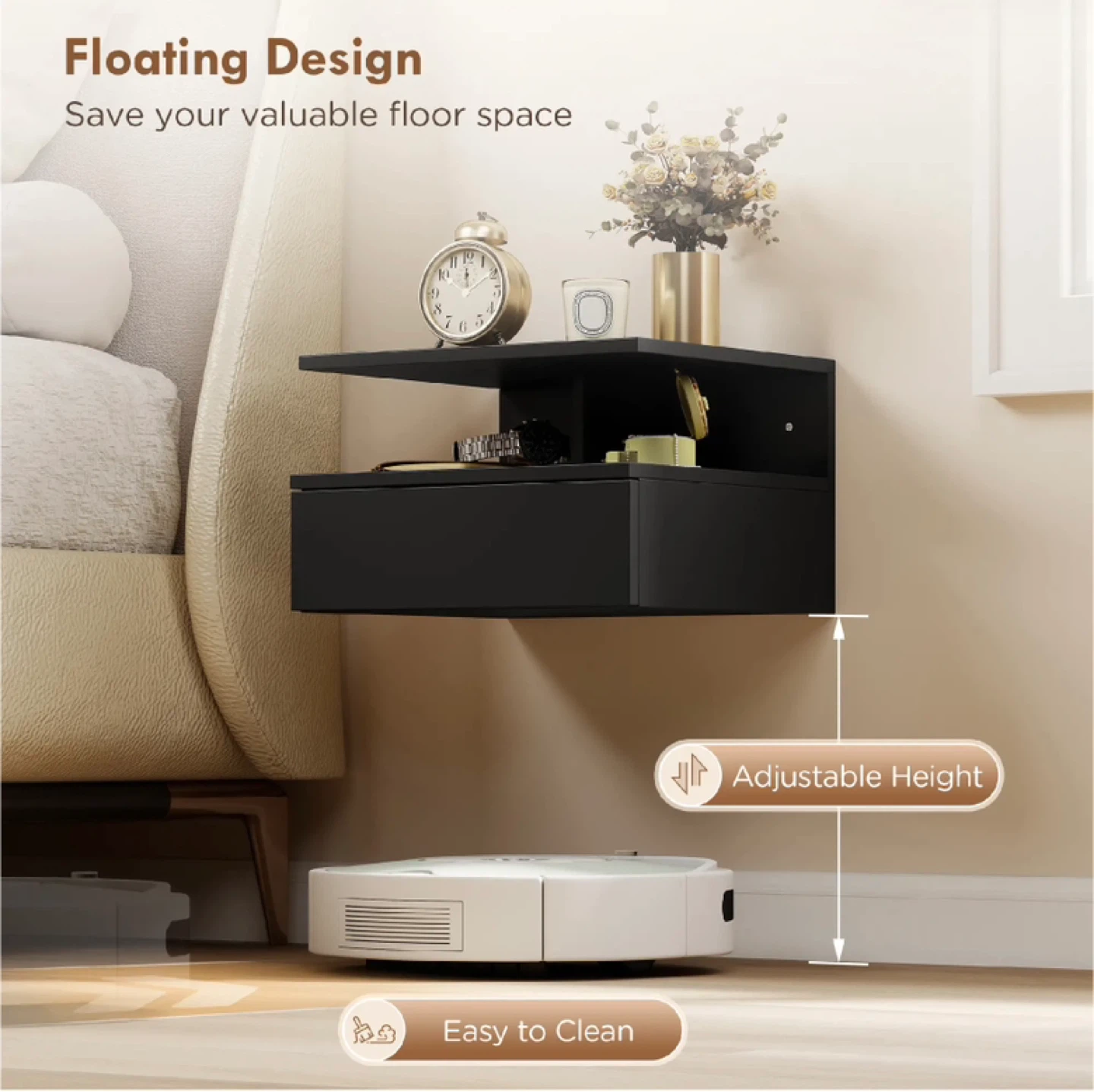 Brand New Floating Nightstand with Drawer - Black - photo 5