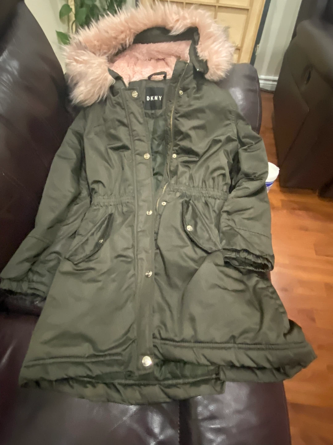 DKNY Girls Green Parka Jacket with Pink Faux Fur Hood