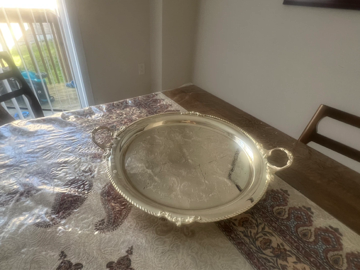 Silver-tone serving tray with handles