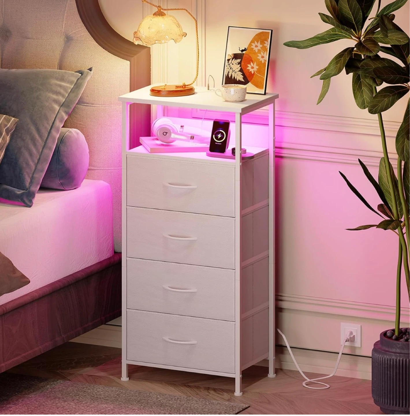 NEW White Nightstand with LED Lights & Charging Ports - photo 3