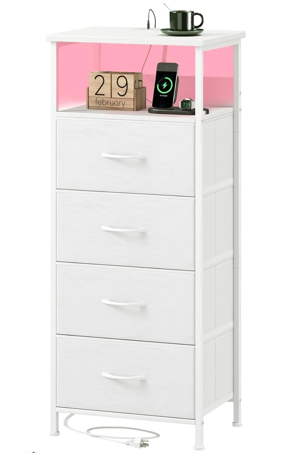 NEW White Nightstand with LED Lights & Charging Ports