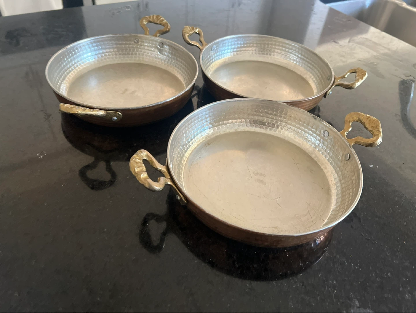 Set of 3 Hammered Copper Serving Pans with Brass Handles