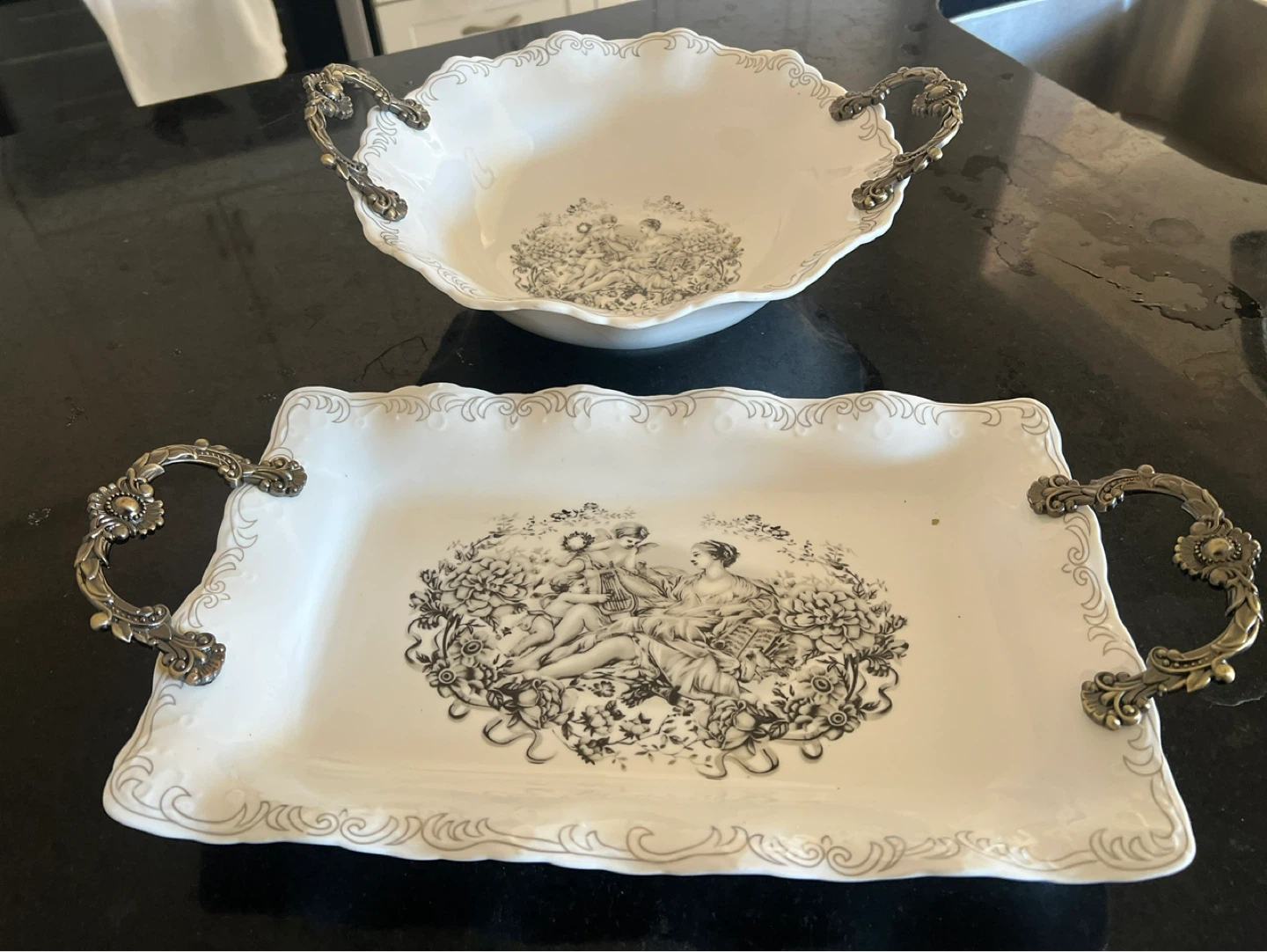 Decorative Serving Bowl and Tray Set with Handles