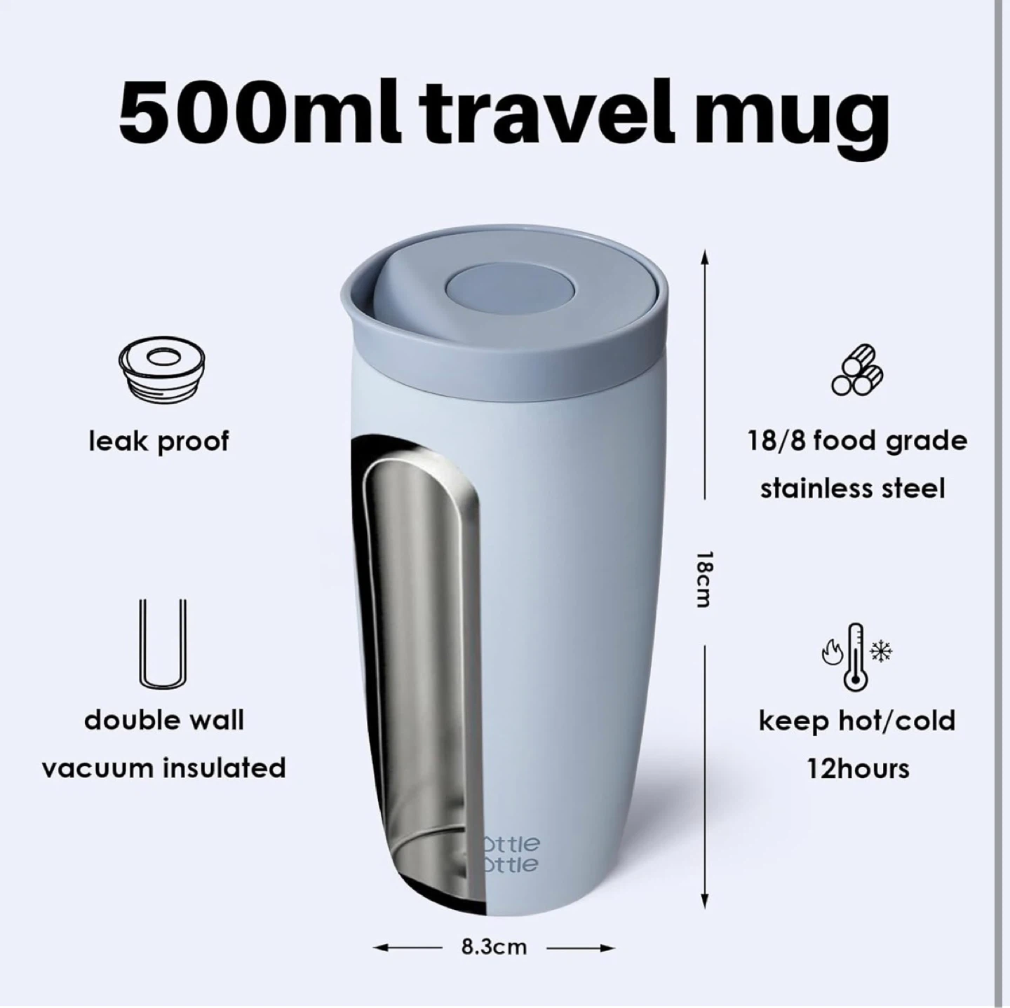Insulated 500ml Travel Mug – Leakproof, Baby Blue - photo 2