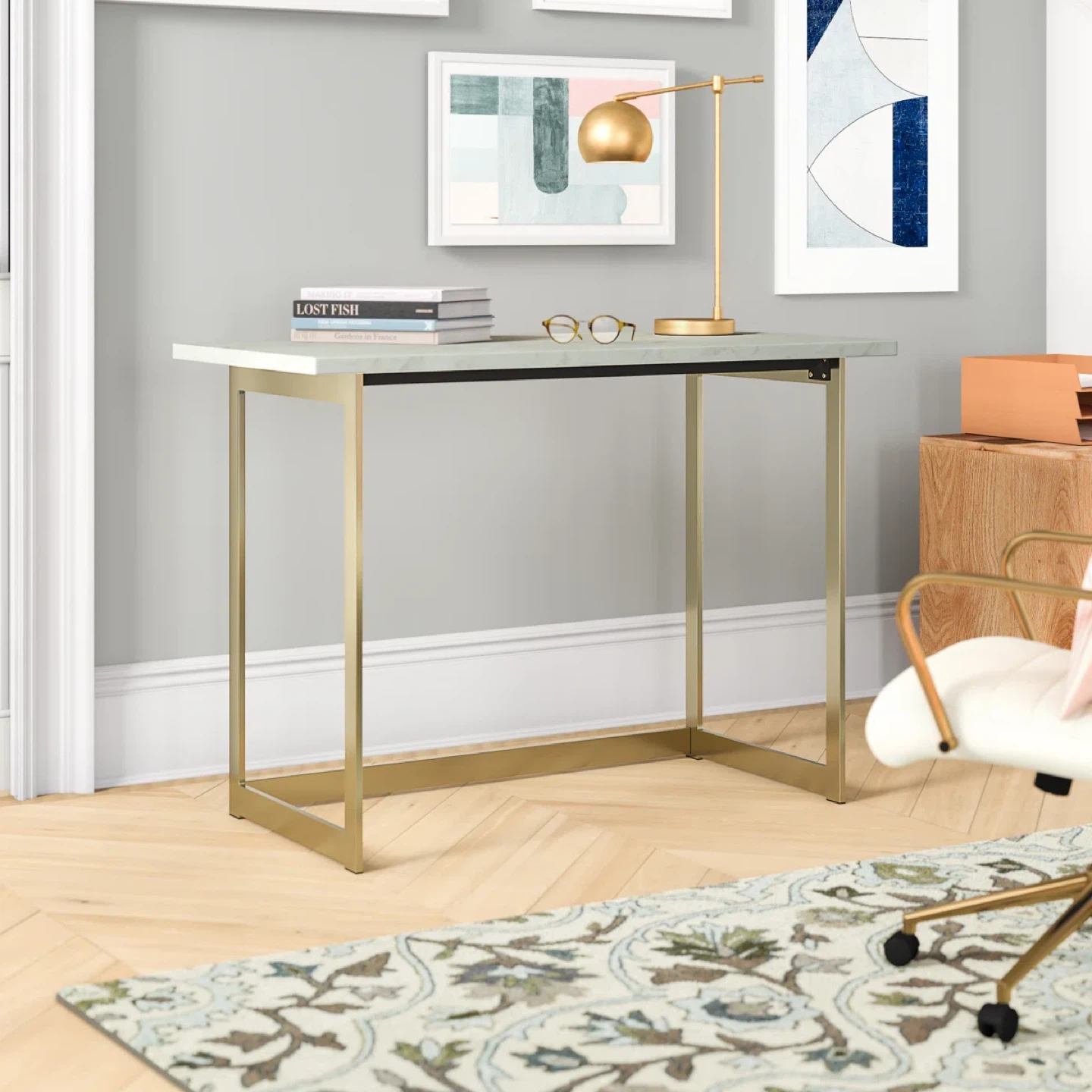 Modern Marble Top Desk with Gold Legs