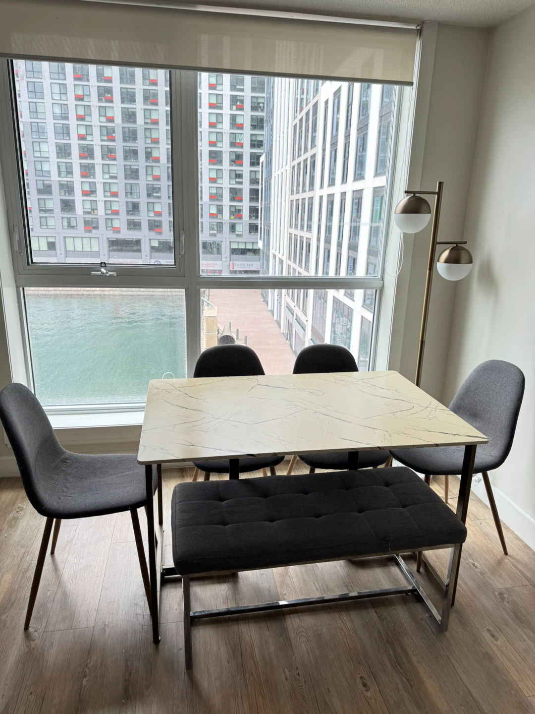 Dining set - 4 chairs, 1 bench, and a dining table.