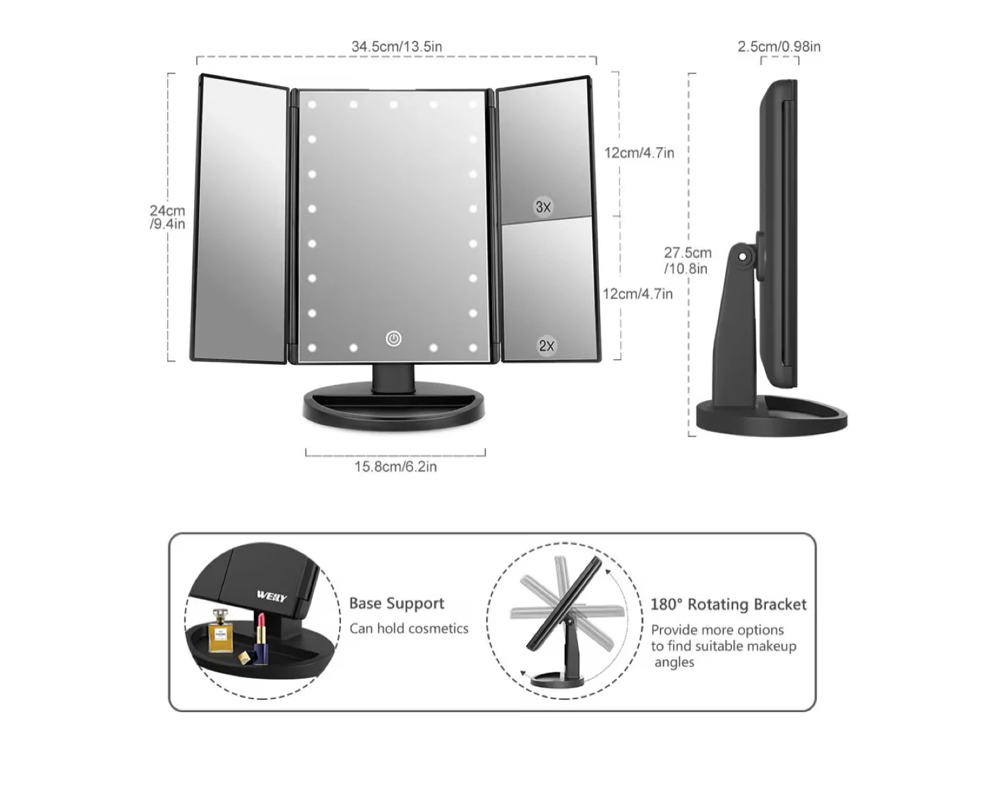 Tri-fold LED Makeup Mirror