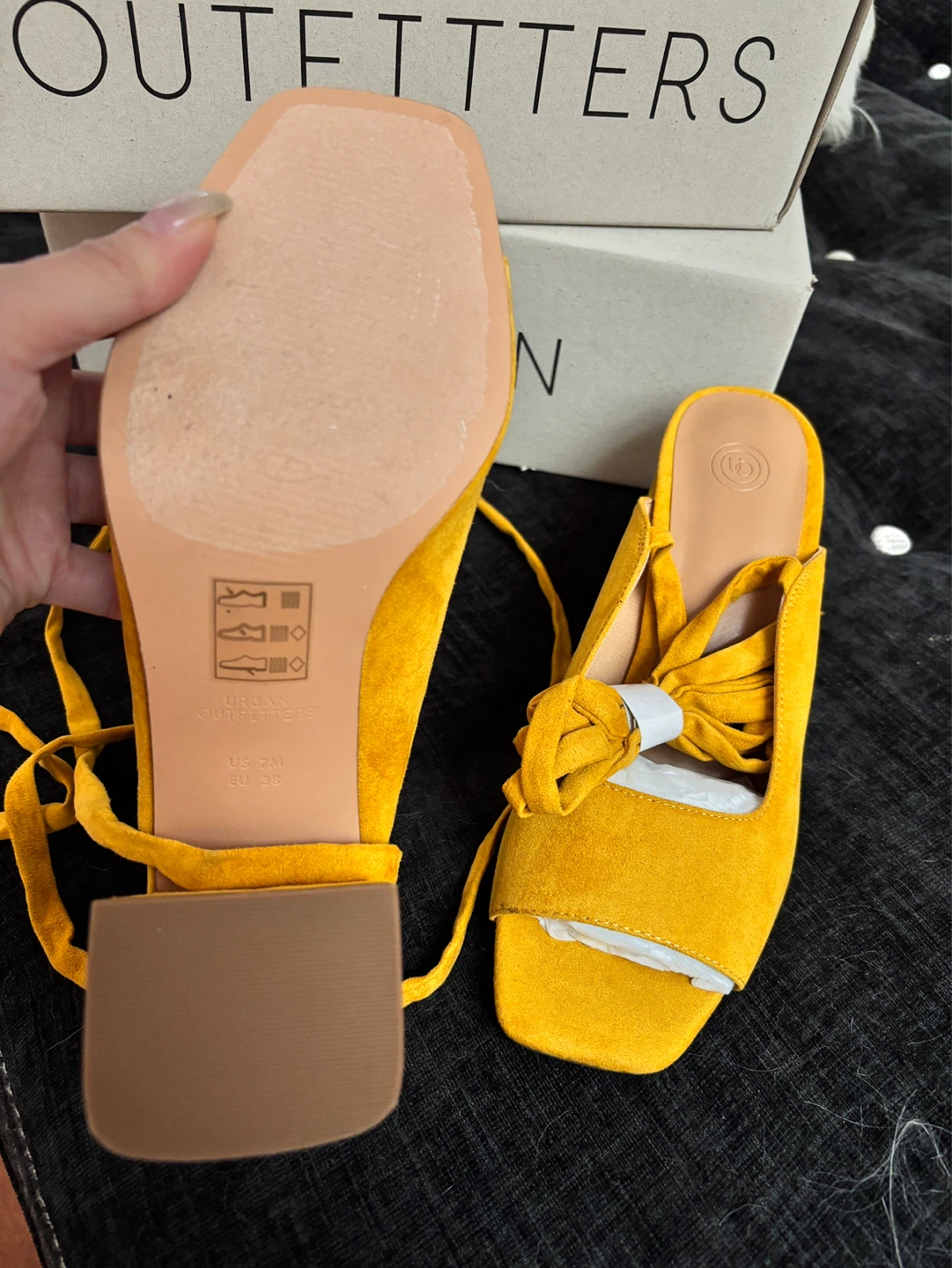US7 Urban Outfitters Yellow Suede Lace-Up Heels - Size 7 - photo 2