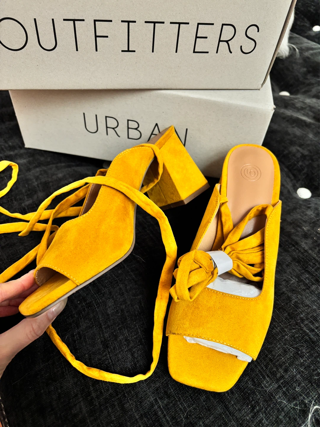US7 Urban Outfitters Yellow Suede Lace-Up Heels - Size 7