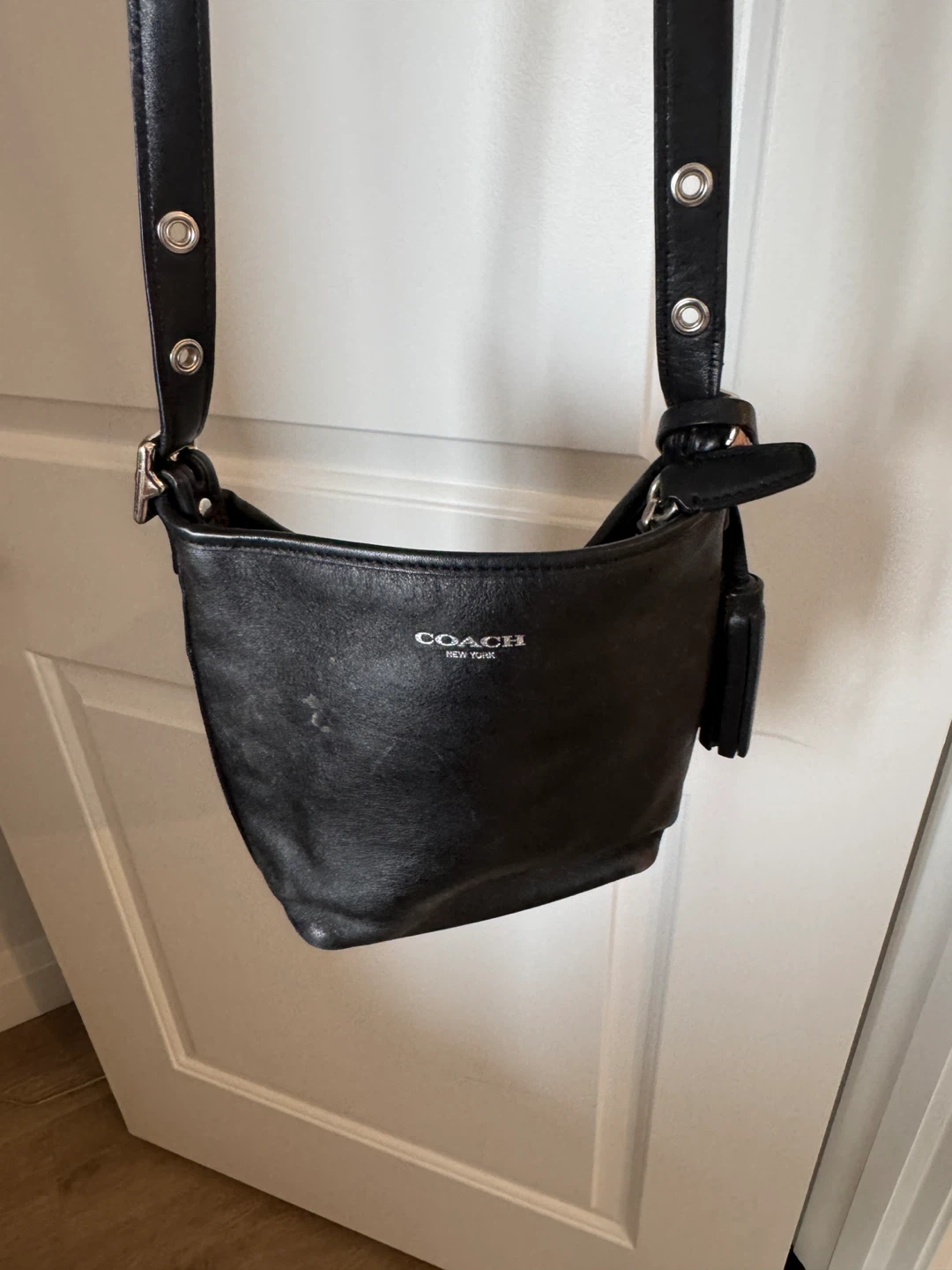 Coach Black Leather Crossbody Purse with Tassel Accent