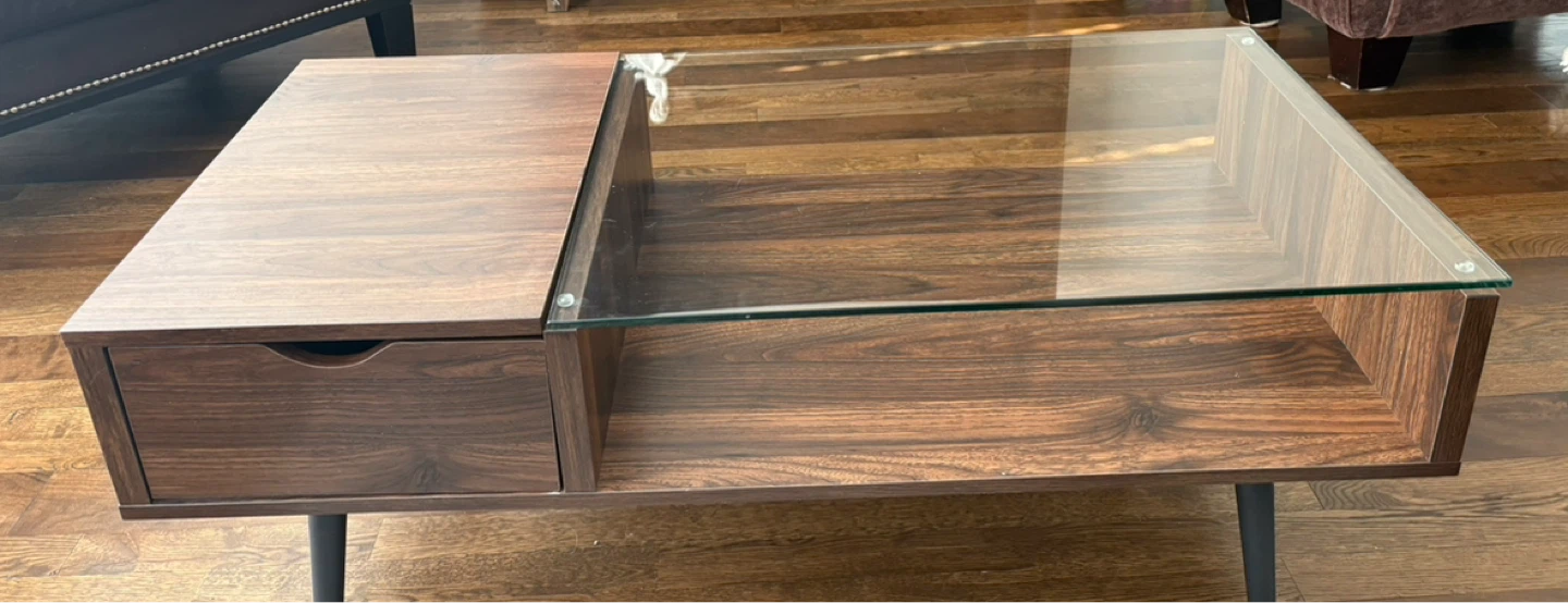 Modern Walnut Coffee Table with Glass Top and Drawer - photo 2