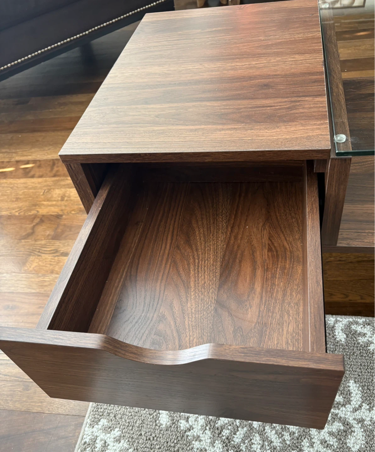 Modern Walnut Coffee Table with Glass Top and Drawer