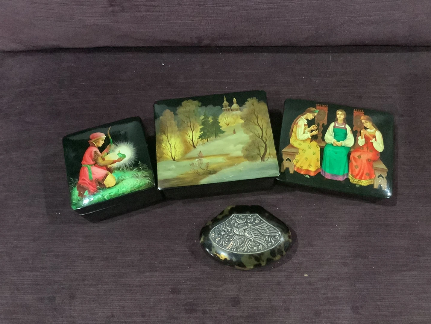 Hand-Painted Russian Lacquer Boxes with Shell Inserts