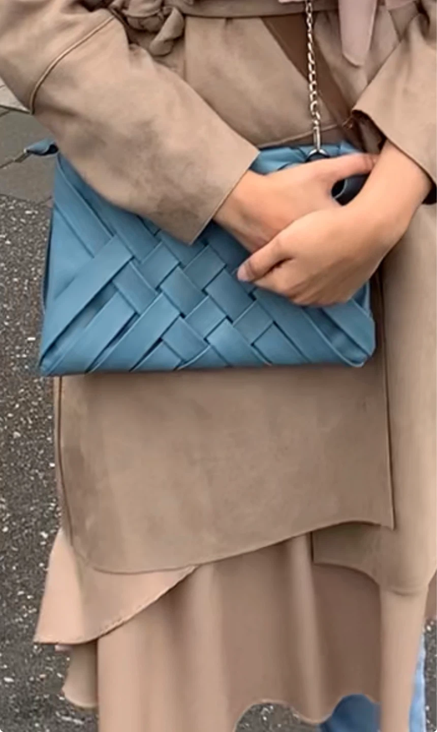 Blue Woven Clutch Bag with Chain Strap