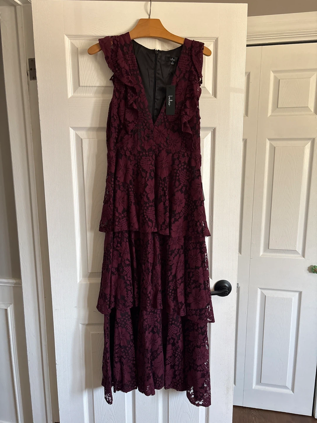 Lulus Burgundy Lace Tiered Ruffle Maxi Dress