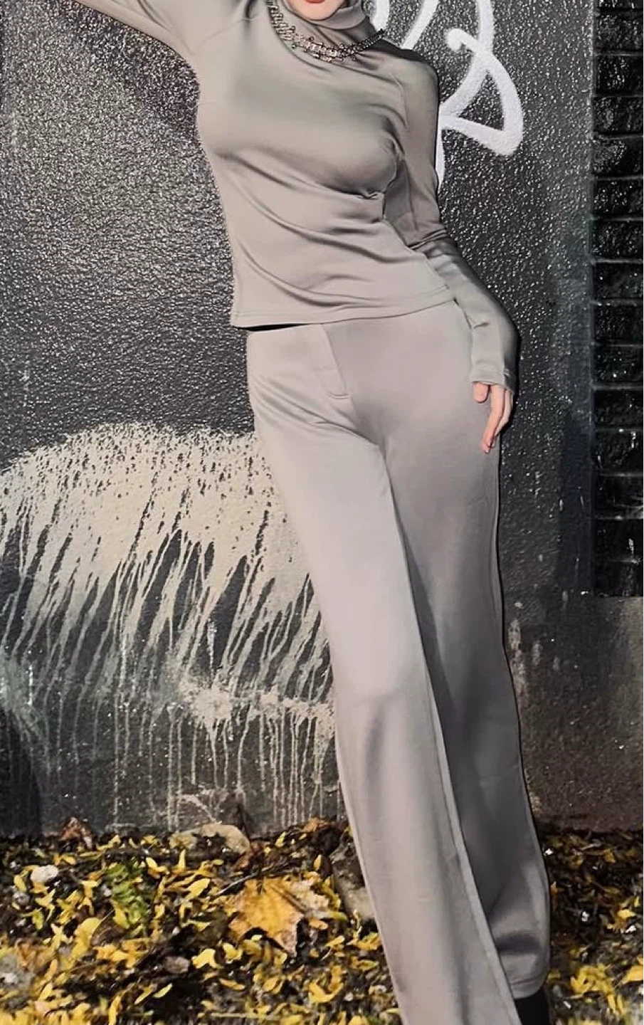 Grey Mock Neck Long Sleeve Top & Wide Leg Pants Set - photo 2