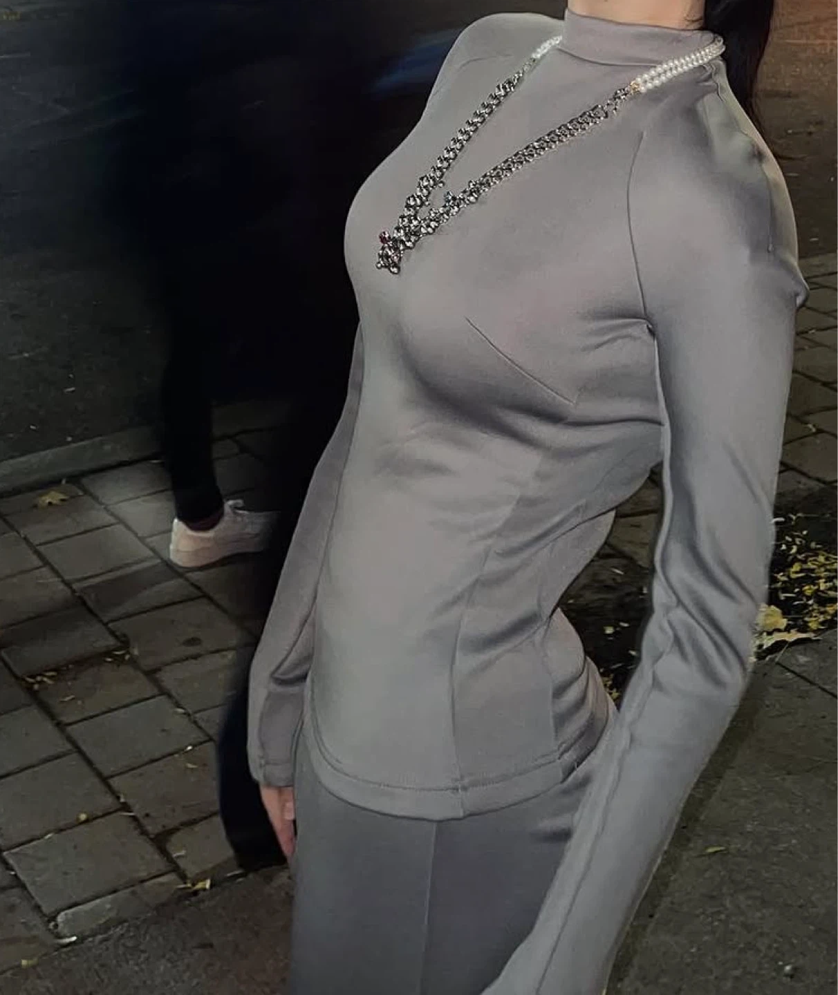 Grey Mock Neck Long Sleeve Top & Wide Leg Pants Set