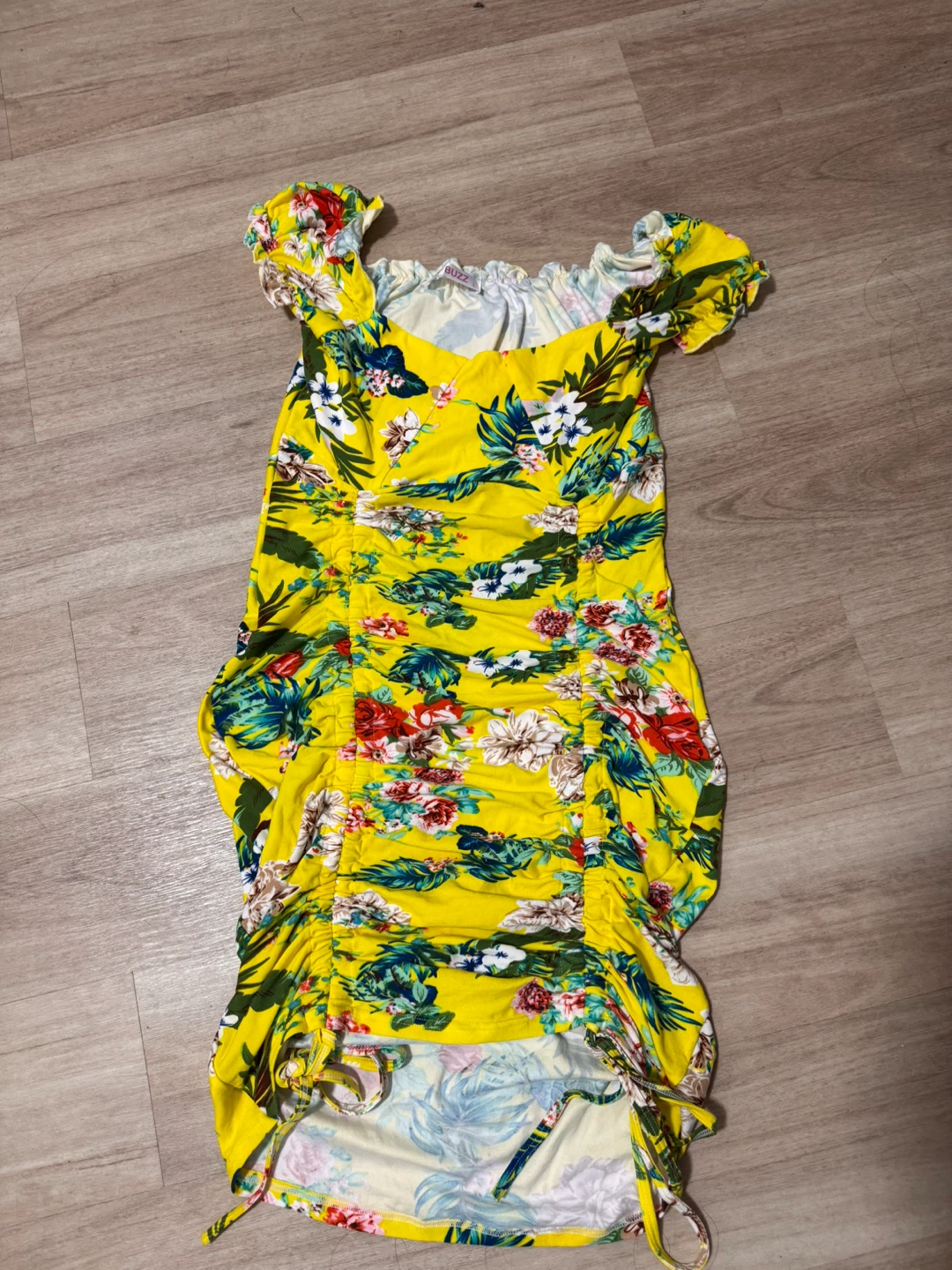 BUZZ Yellow Floral Ruched Dress Size L “Trees for the Future"