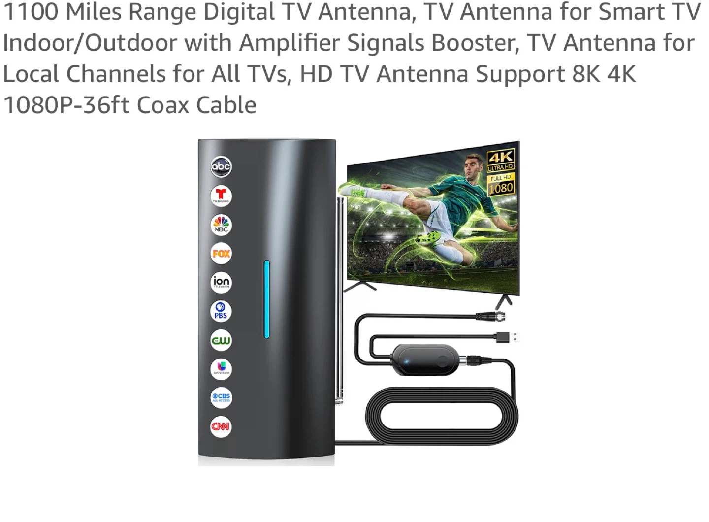 1100 Miles Range Smart IC TV Antenna with 36ft Coax Cable R11