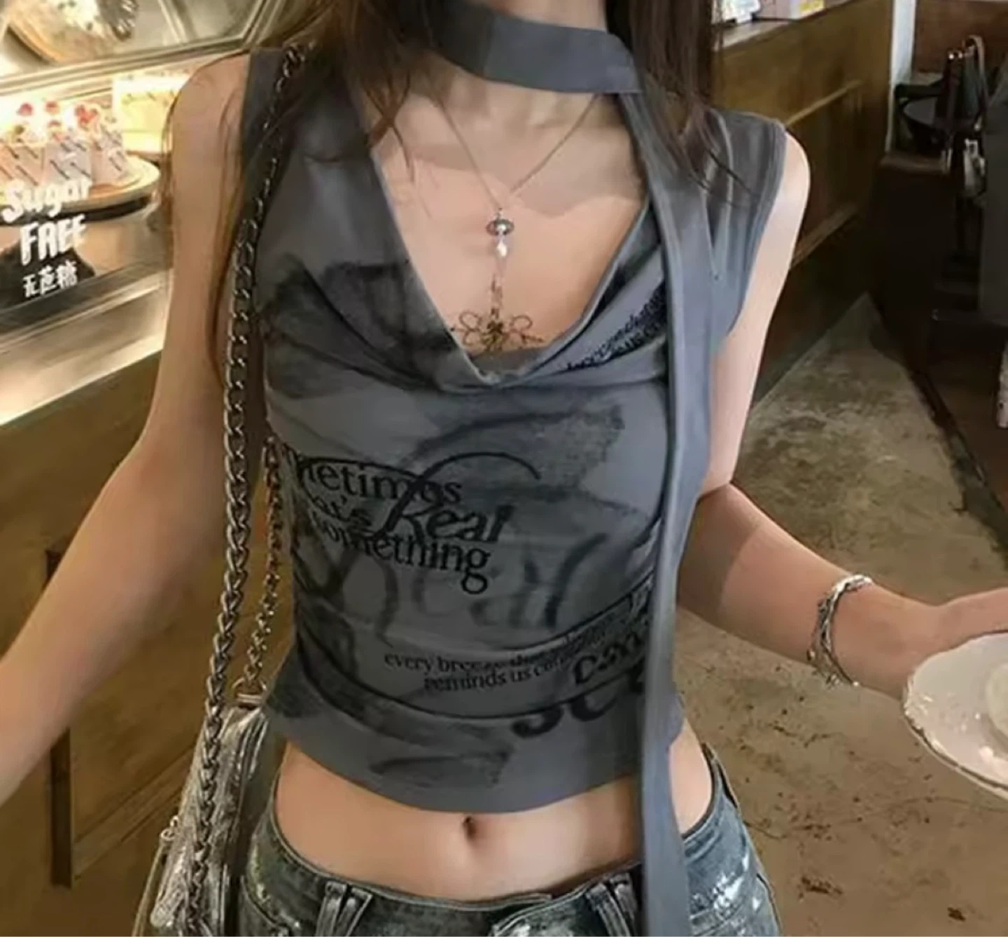 XS Grey Graphic Print Crop Top with Scarf Detail - photo 2