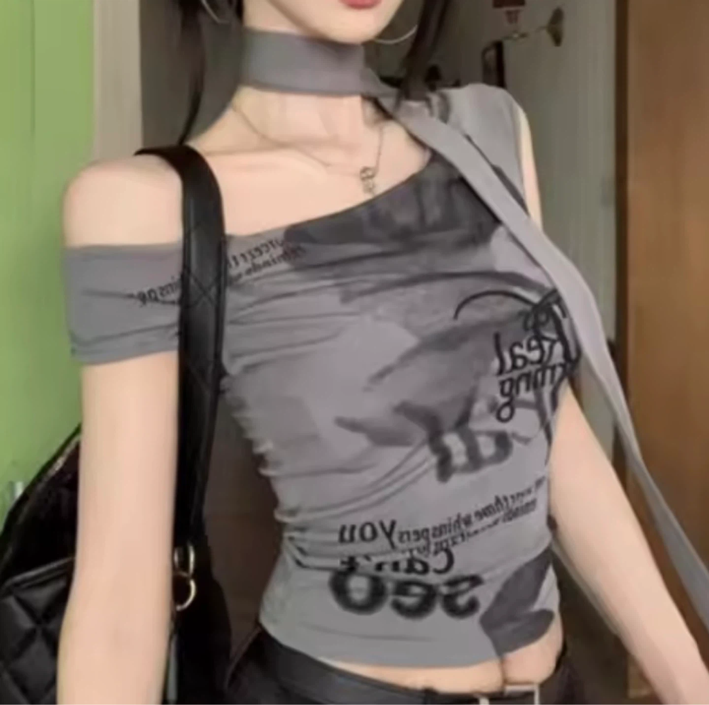 XS Grey Graphic Print Crop Top with Scarf Detail