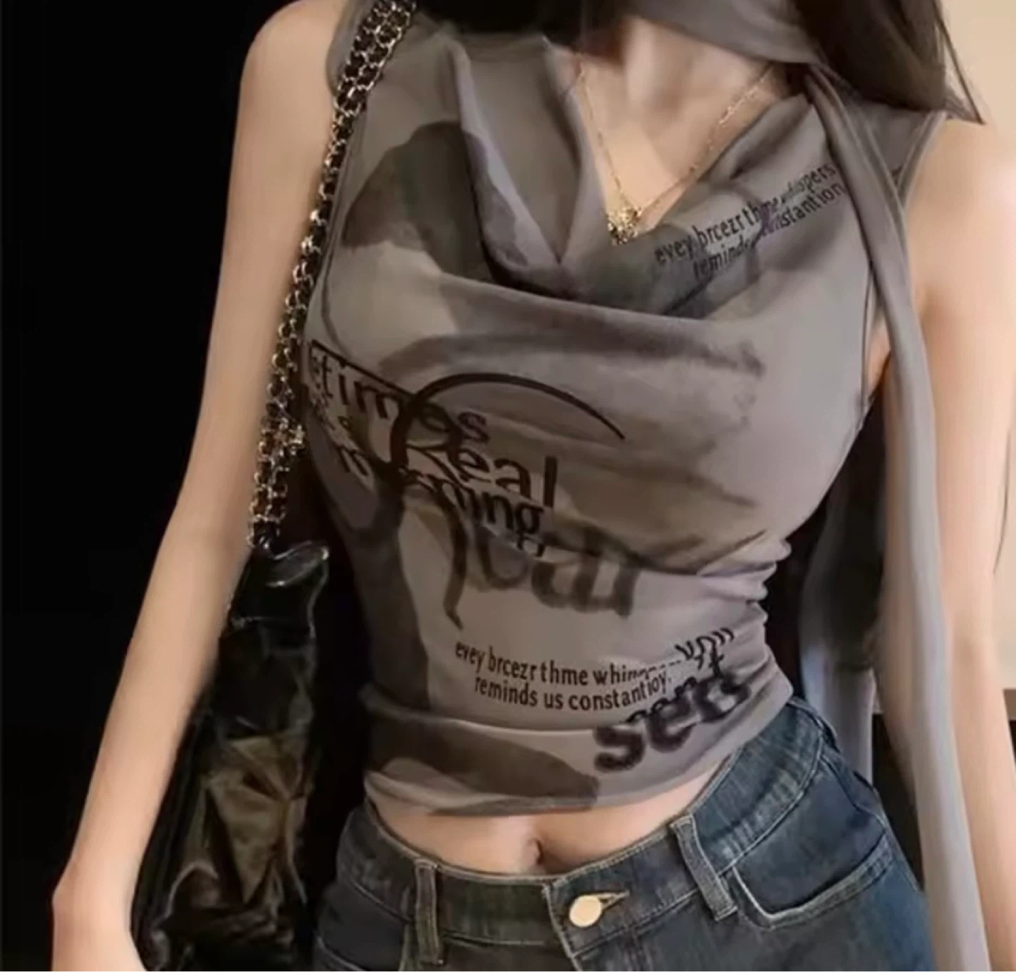 XS Grey Graphic Print Crop Top with Scarf Detail - photo 3